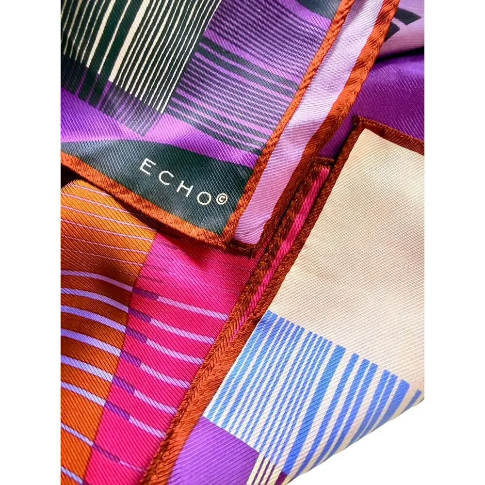 Vintage Echo 1980s Silk Geometric Color Block Abstract Scarf Purple Pink 35 x 35